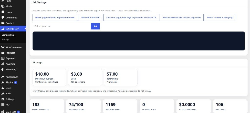 Ask Vantage chat and AI usage panel showing monthly budget, used and remaining spend
