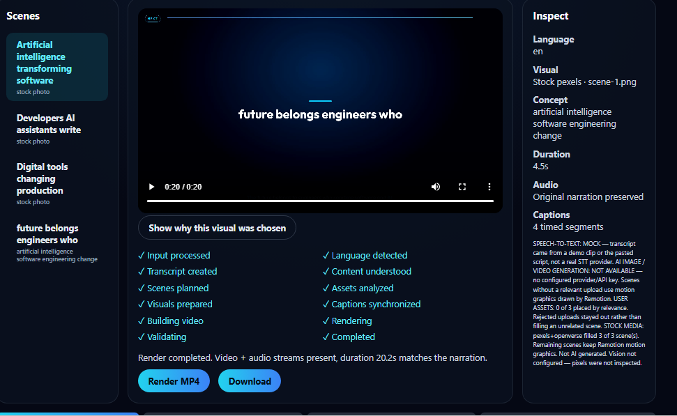 VidzAI completed preview player with Render MP4 and Download actions